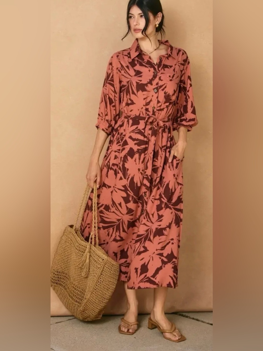 NWOT Dress Forum Tropical Palm Print Midi Shirt Dress Linen Blend Small